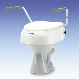 Réhausse WC fixe,  réglable en hauteur 6,10 et 15cm,avec couvercle et accoudoirs